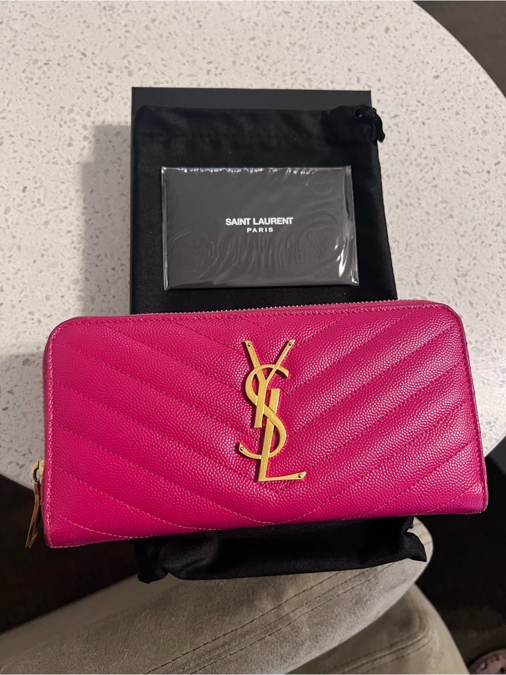 Saint Laurent Hot Pink Quilted YSL Zip Wallet with Gold Logo